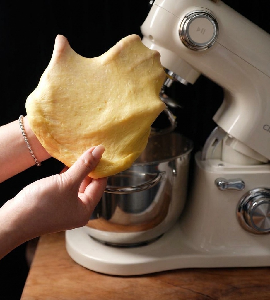 A person stretching a piece of pale yellow, elastic dough between their fingers to show a thin, translucent windowpane membrane.