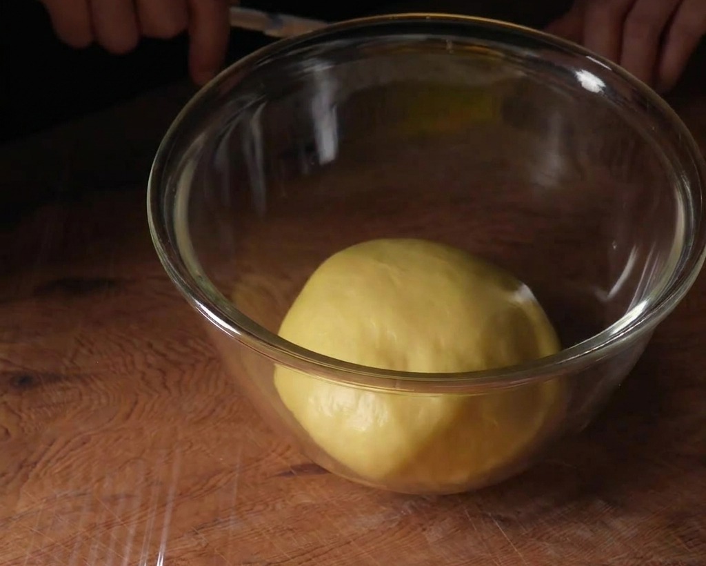 A smooth, round brioche dough ball sitting in the center of a large clear glass bowl on a wooden surface.