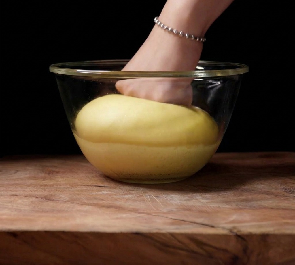 A hand pressing a fist into a large bowl of smooth, pale yellow fermented brioche dough to deflate it.