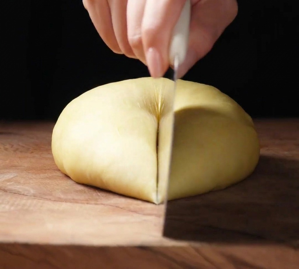 A sharp knife slicing through a round ball of brioche dough on a wooden work surface.
