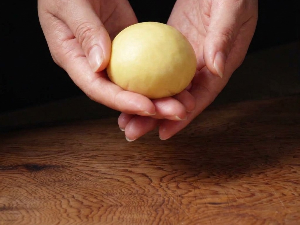 A pair of hands delicately holding and shaping a small, smooth, yellow-tinted ball of brioche dough over a wooden surface.