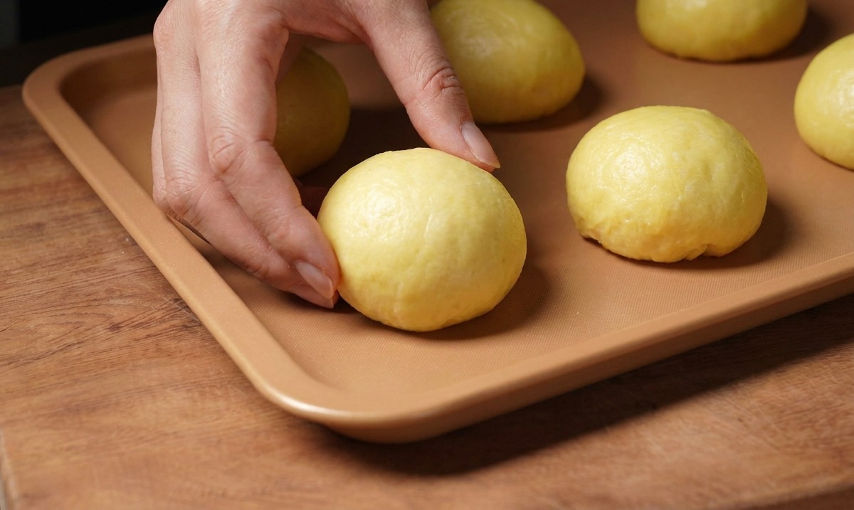 A hand placing a round dough bun onto a metallic gold baking sheet next to other prepared buns.