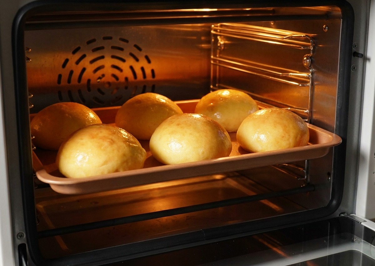Six golden-brown brioche burger buns baking on a gold tray inside a brightly lit oven.