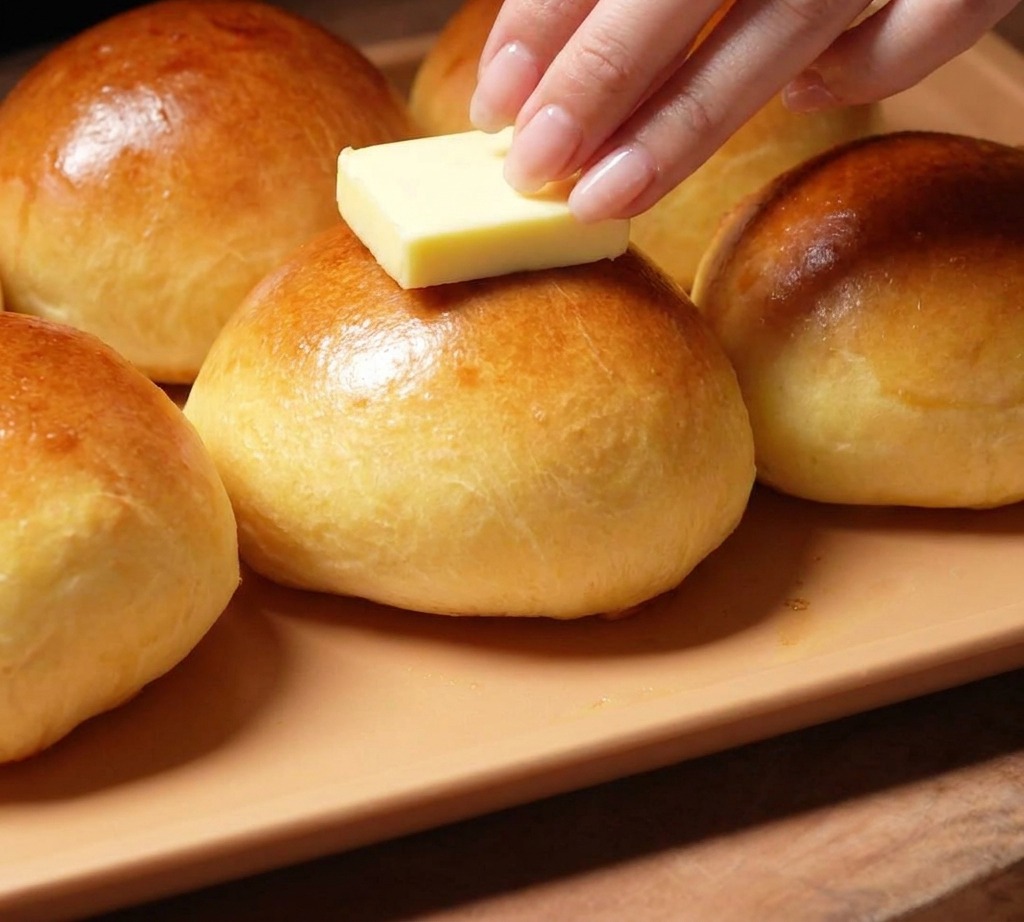 A block of butter being rubbed onto the steaming, golden-brown top of a freshly baked brioche bun.