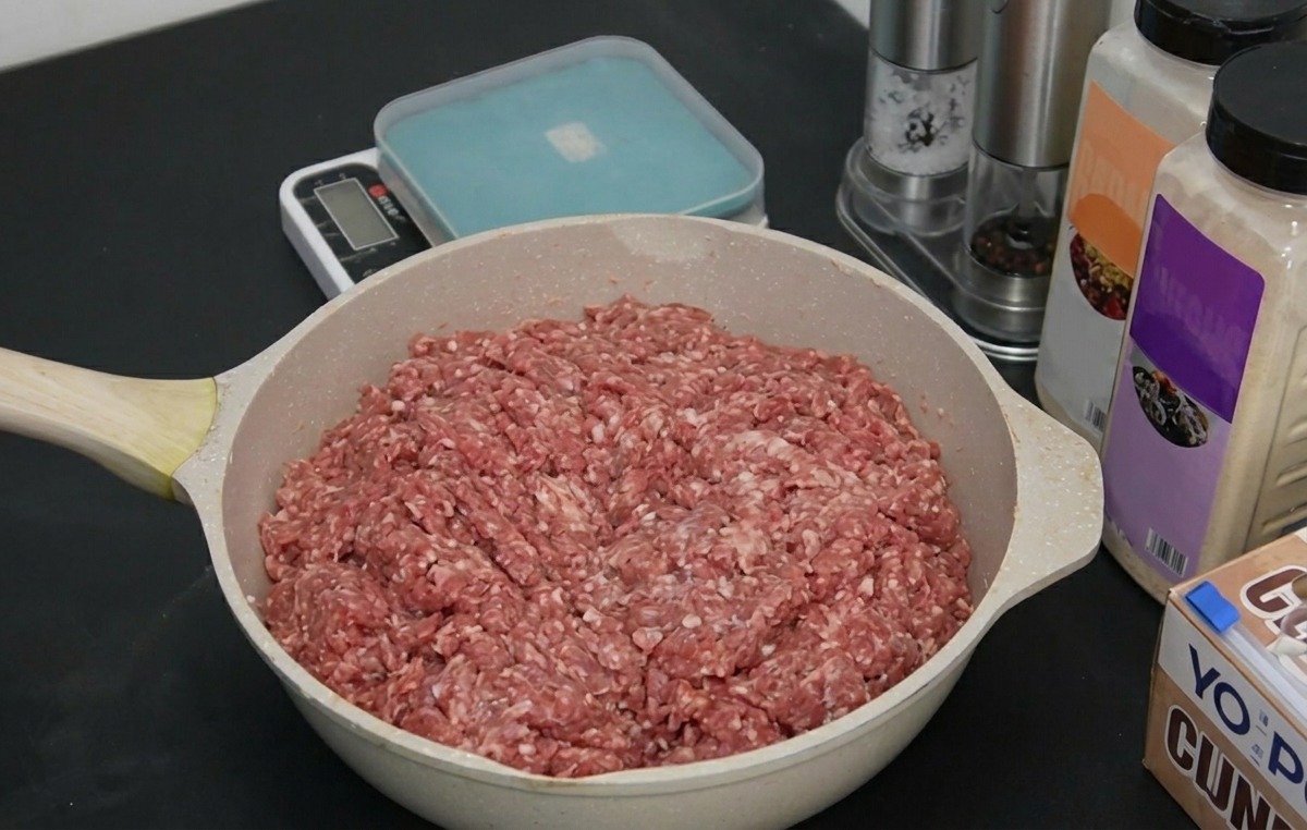 A wide pan of raw ground beef sits on a dark kitchen counter next to seasoning containers and a scale.