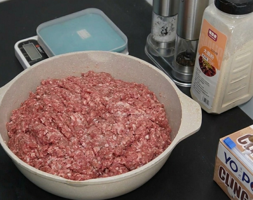 Raw ground beef spread in a ceramic pan with seasoning jars and a kitchen scale visible on the counter.