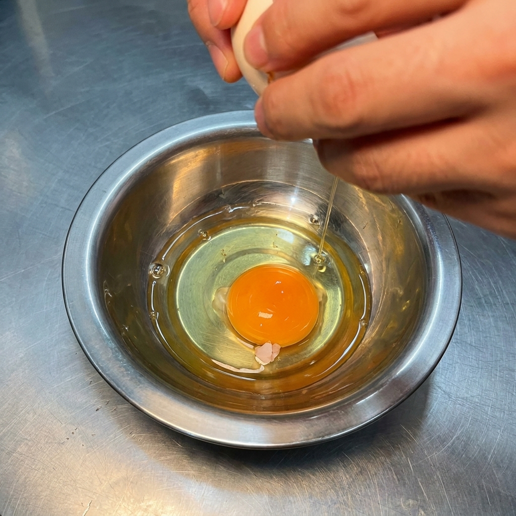 Hands cracking a raw egg into a stainless steel bowl with an egg yolk already inside.