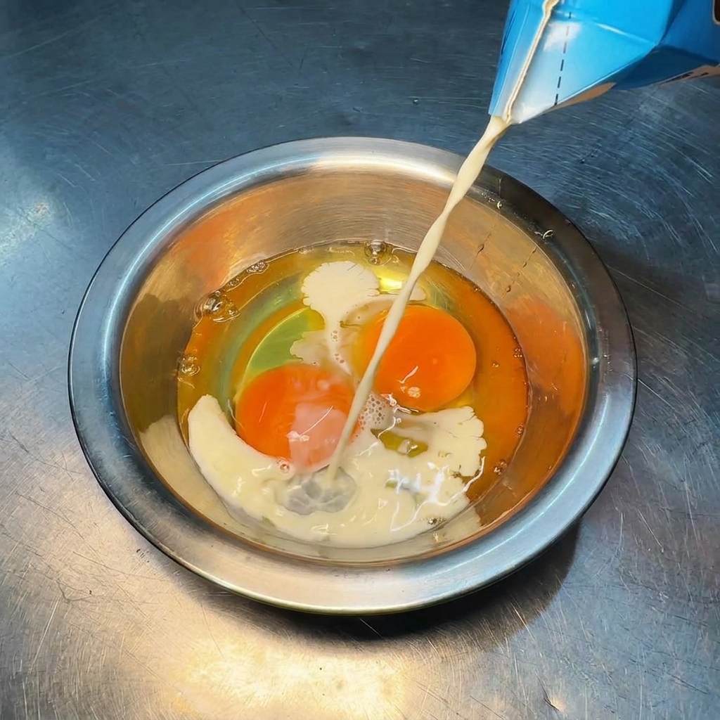 Milk being poured from a blue carton into a stainless steel bowl containing raw egg yolks and egg whites.