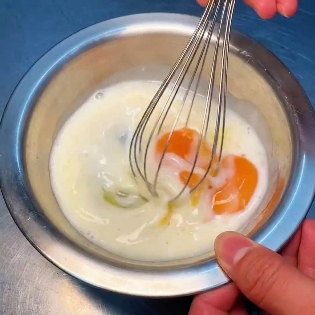 A hand using a wire whisk to rapidly beat the egg and milk mixture in a metal bowl.