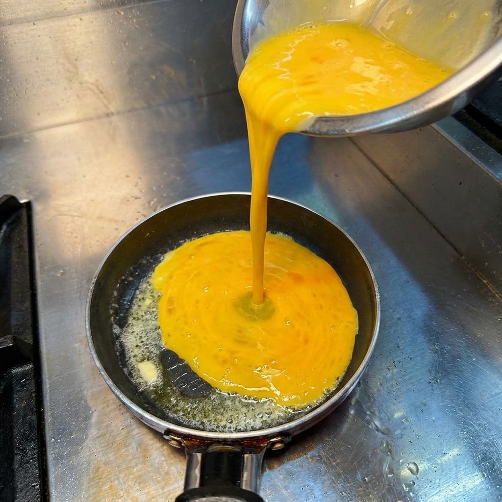 Smooth, bright yellow egg mixture being poured from a stainless steel bowl into a small hot frying pan coated with melted butter.