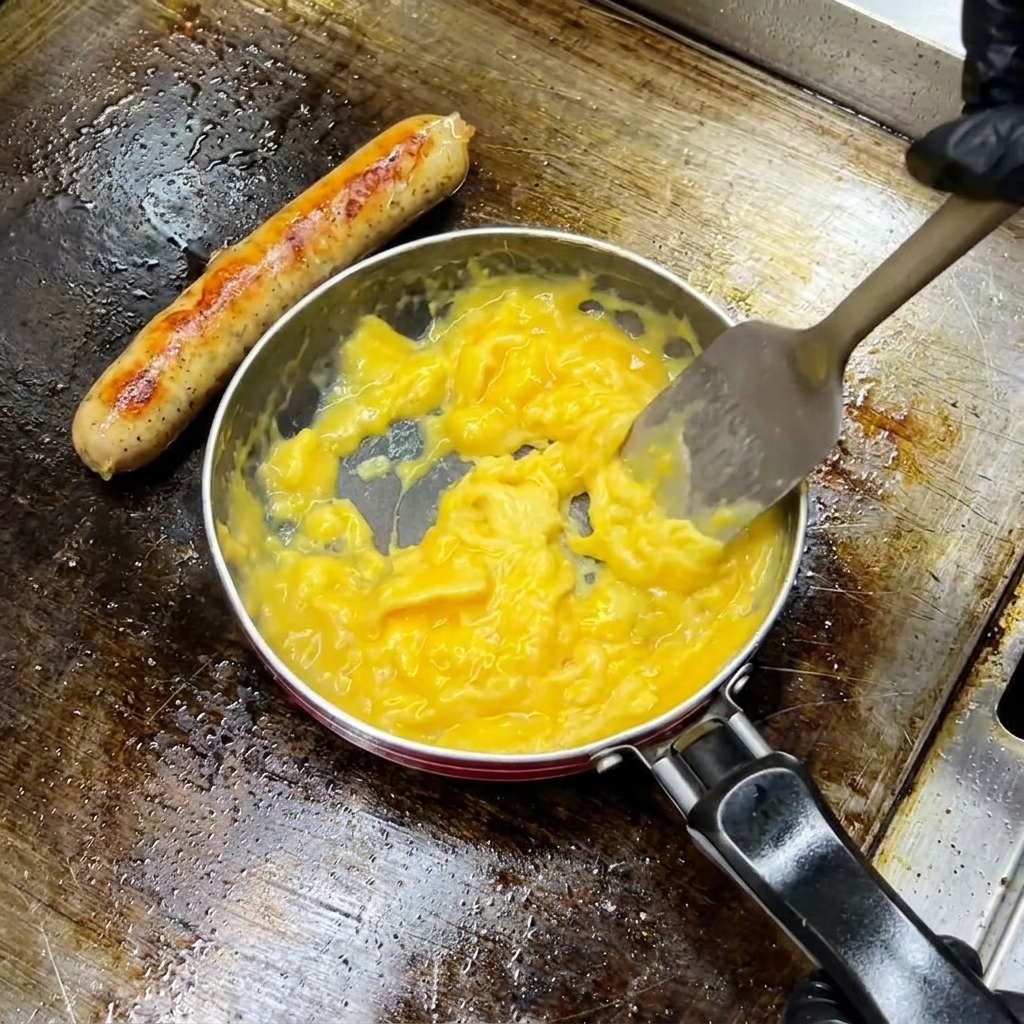 A hand wearing a black glove using a spatula to gently fold and stir soft, partially cooked scrambled eggs in a small pan.