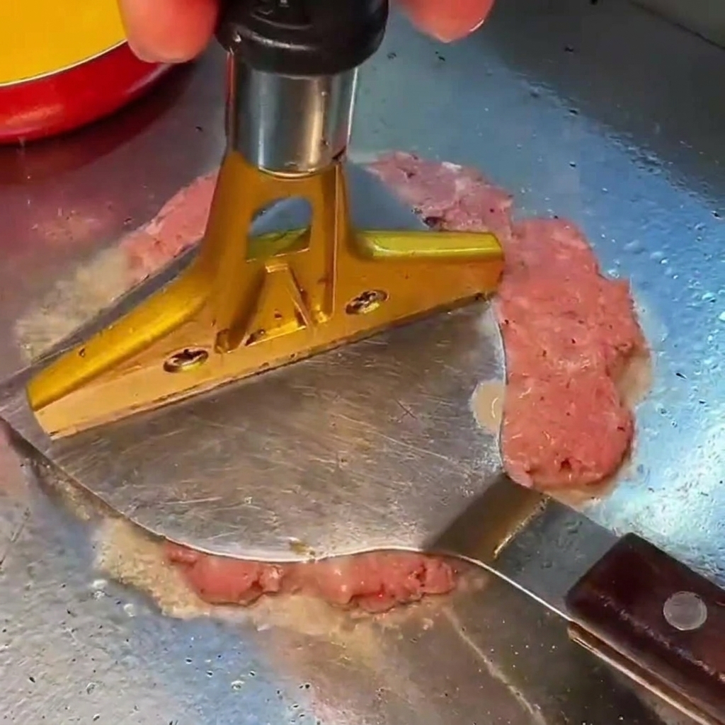A heavy golden flat press pushing firmly down onto a portion of raw ground beef on a hot greased grill.