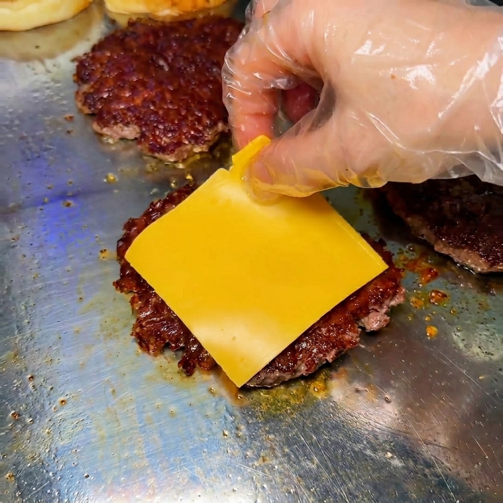 A gloved hand placing a square slice of yellow cheese onto a cooked beef patty on a grill.