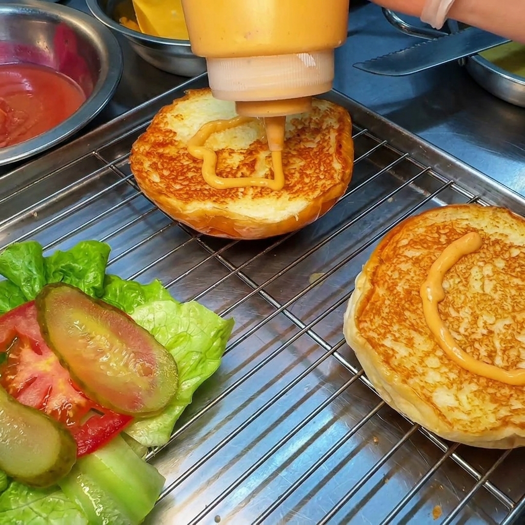 Orange burger sauce being squeezed from a bottle onto toasted bun halves on a wire rack.
