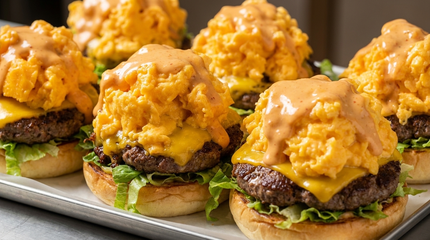 Decadent thick egg cheese beef burgers loaded with juicy smashed patties, melted cheese, and silky soft-scrambled eggs.