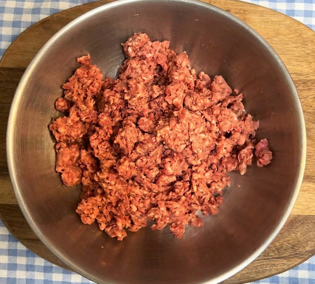 A top-down view of fresh, raw ground beef with visible white fat marbling in a round metal bowl set on a wooden cutting board.
