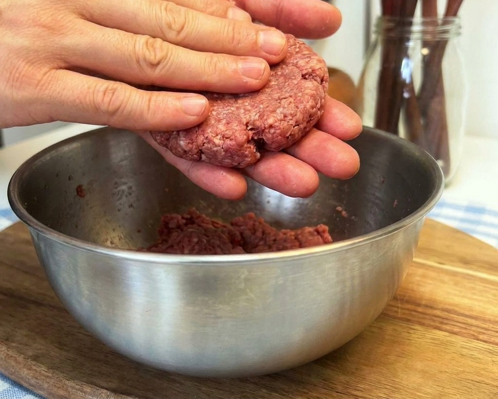 A close-up of hands pressing a beef ball into a flat, circular burger patty over a metal bowl.