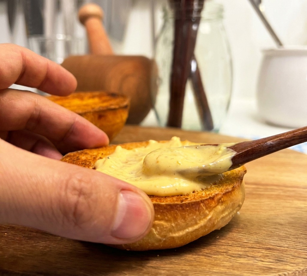 A hand holding a toasted bun while a wooden spoon spreads a thick, creamy burger sauce across its surface.