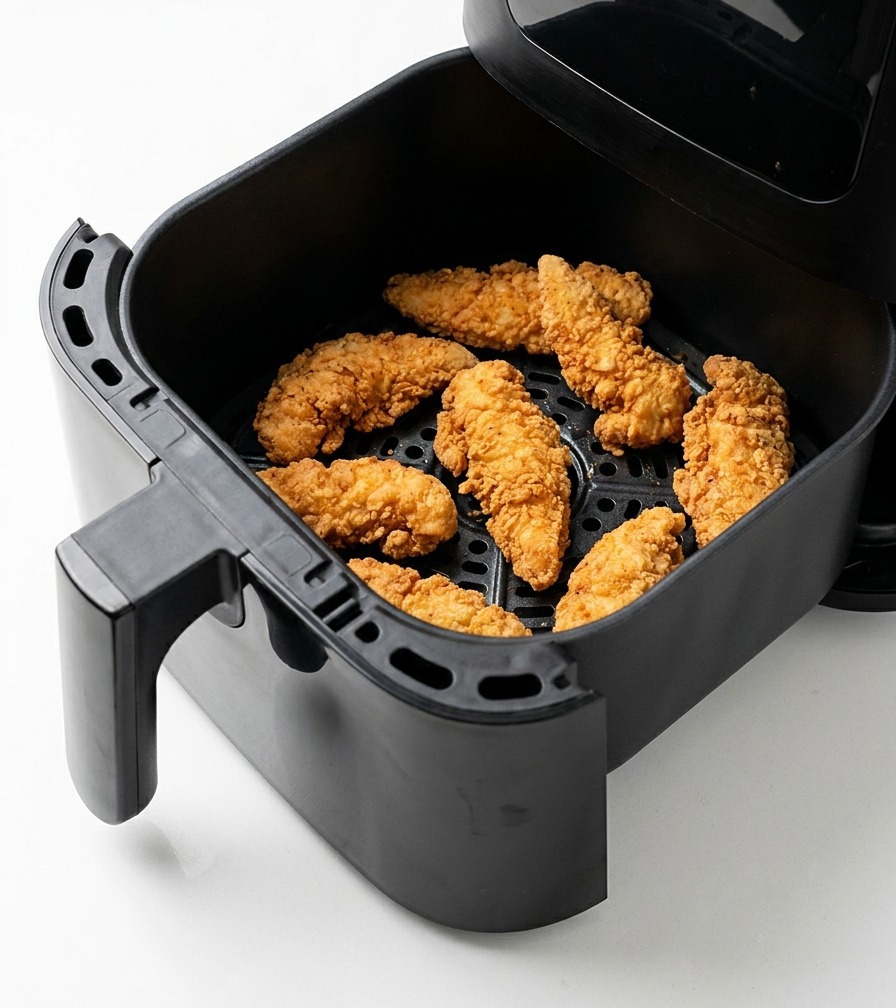Golden brown fried chicken pieces resting in a black air fryer basket on a white countertop.
