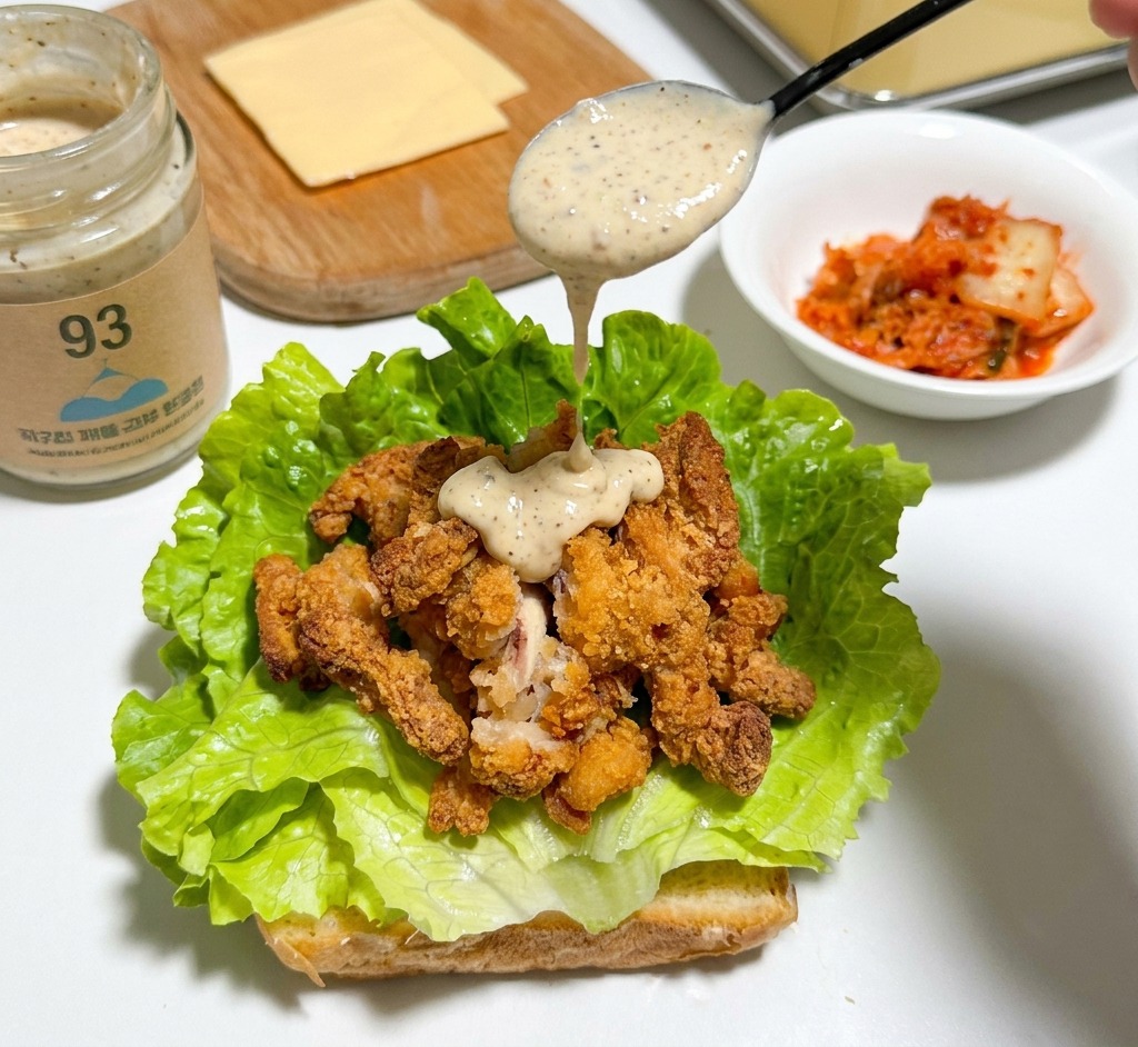 A spoon pouring creamy speckled sauce over crispy fried chicken pieces resting on a bed of fresh green lettuce with a sauce jar visible in the background.