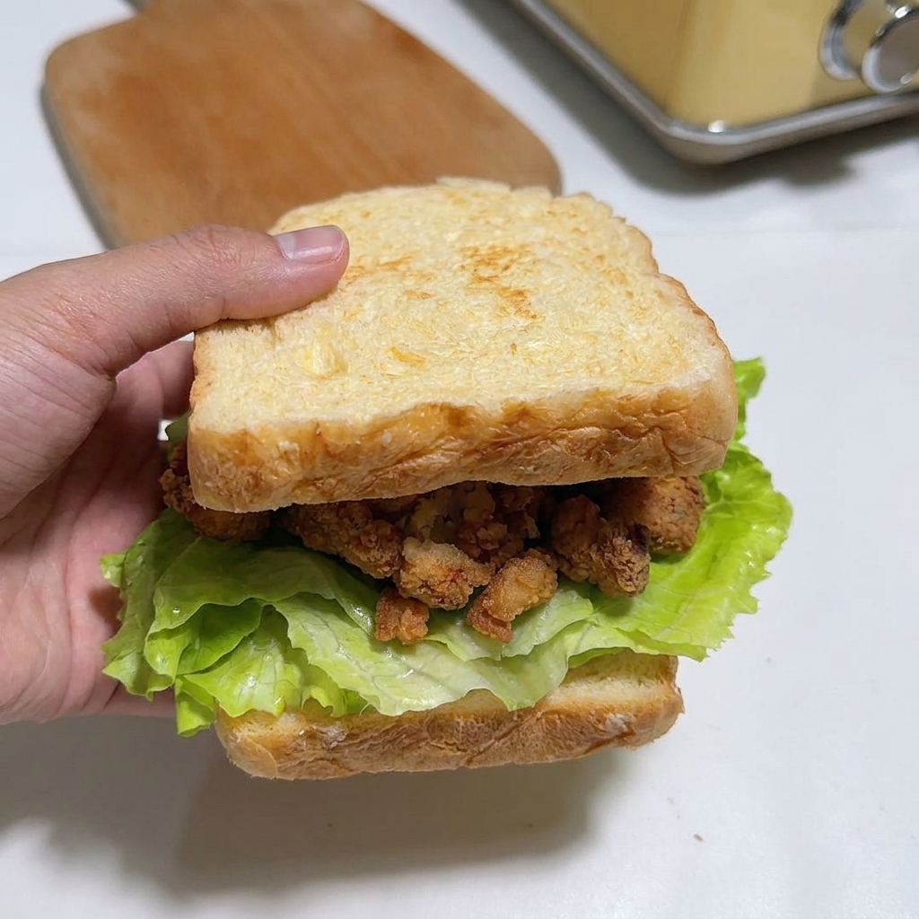 A hand holding a thick breakfast sandwich, showing the final slice of toasted bread being placed on top of layers of fried chicken, cheese, and kimchi.