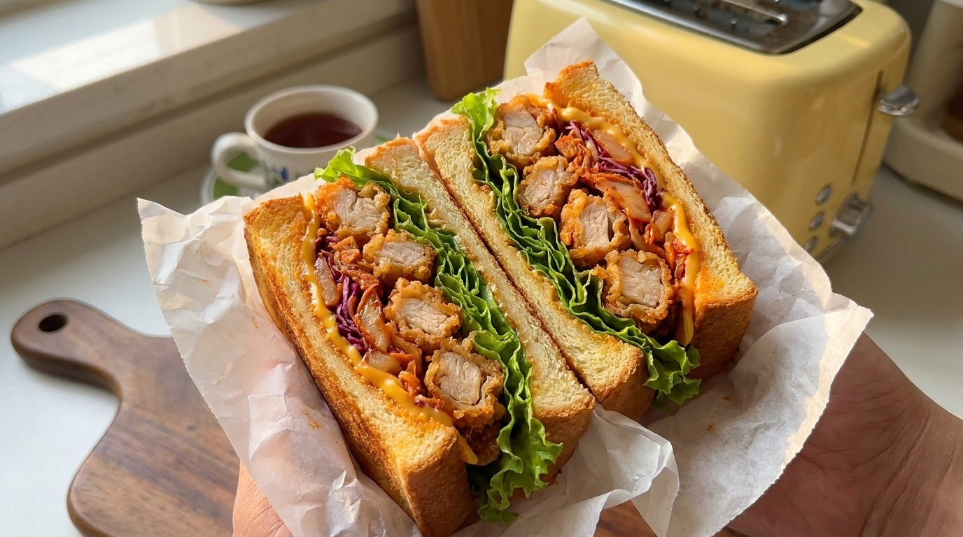 A sliced fried chicken kimchi sandwich featuring thick toasted Shokupan, melted cheddar, and vibrant kimchi.