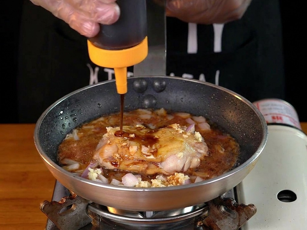 Dark sauce being poured from a squirt bottle over a frying chicken thigh surrounded by diced onions and garlic.