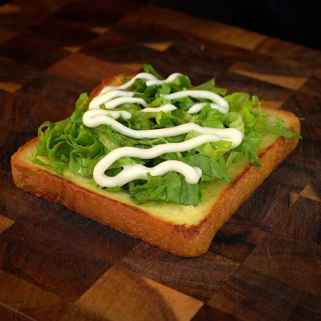 Shredded green lettuce on a slice of golden toast, topped with a swirl of creamy white mayonnaise.