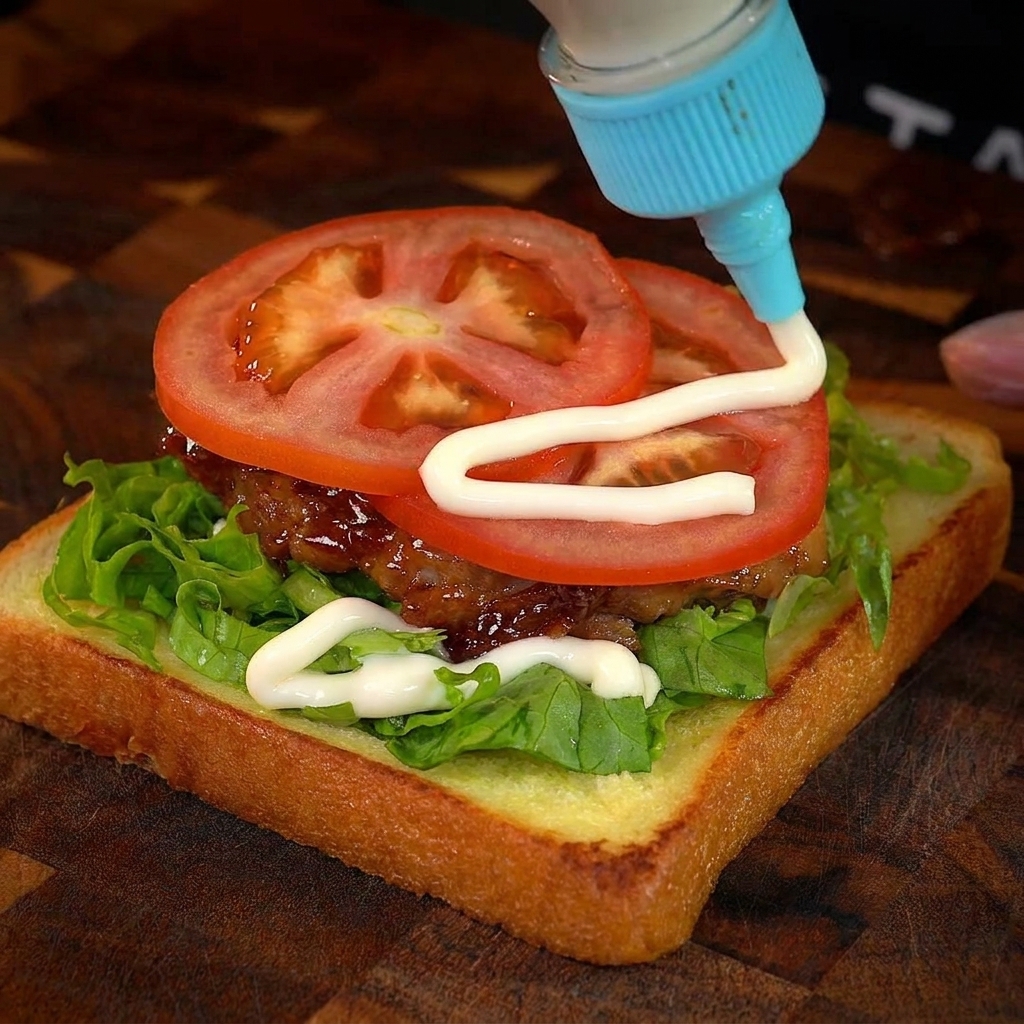 Slices of fresh tomato being topped with mayonnaise on a layered chicken sandwich.
