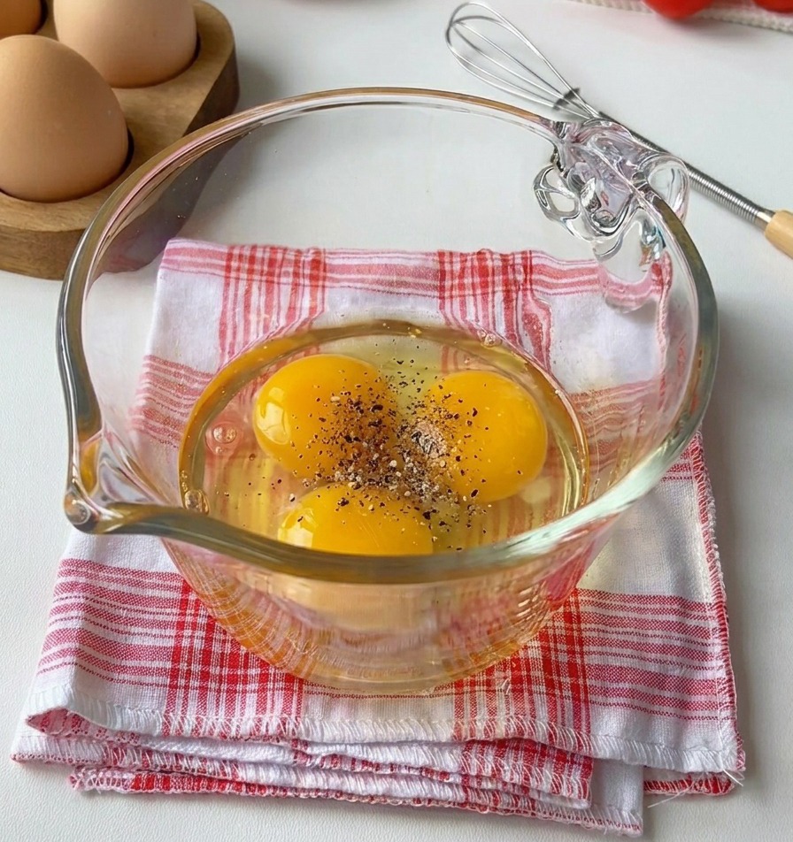 Three raw egg yolks and whites in a clear glass measuring jug, sprinkled with black pepper and salt, sitting on a red checkered towel.