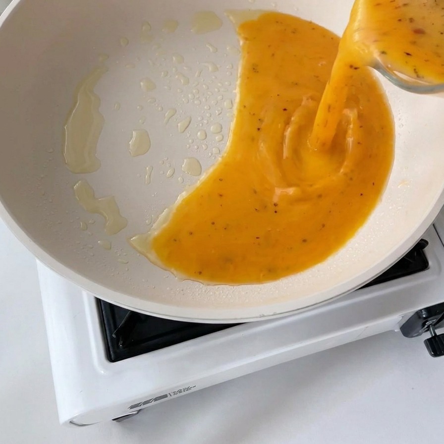 Yellow whisked egg mixture being poured from a glass jug into a white ceramic frying pan with a light coating of oil.