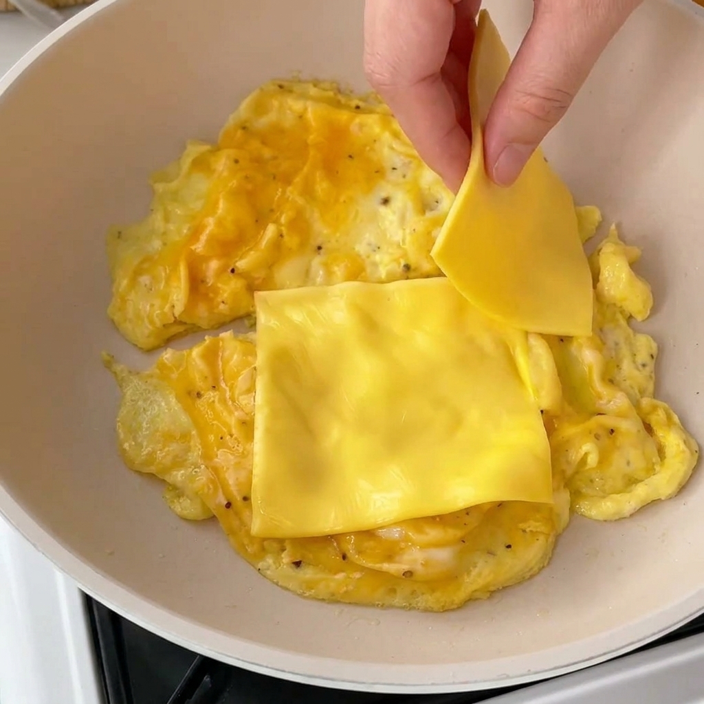 A hand layering a slice of yellow cheese onto a pan of soft, glistening scrambled eggs that are still slightly runny.