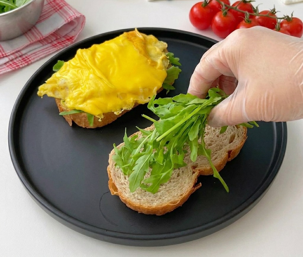 A gloved hand placing a bundle of fresh green arugula leaves onto thick slices of toasted bread resting on a matte black plate.