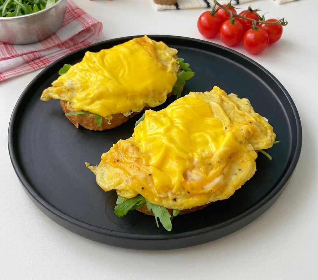 Two slices of toasted bread on a matte black plate, topped with fresh arugula and large portions of scrambled eggs with melted yellow cheese.