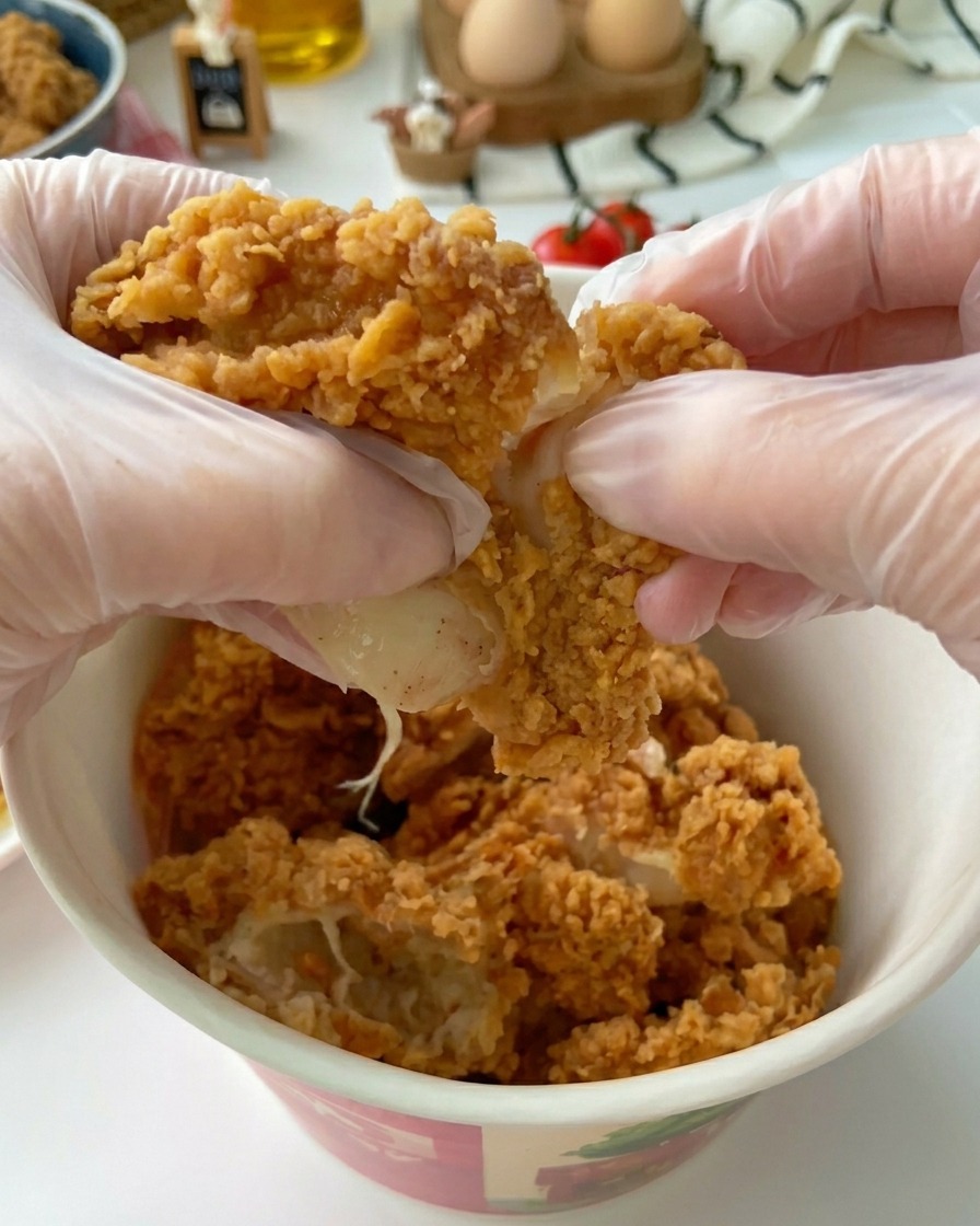 Two hands wearing clear gloves pulling apart a large piece of golden-brown, craggy fried chicken, revealing juicy white meat.