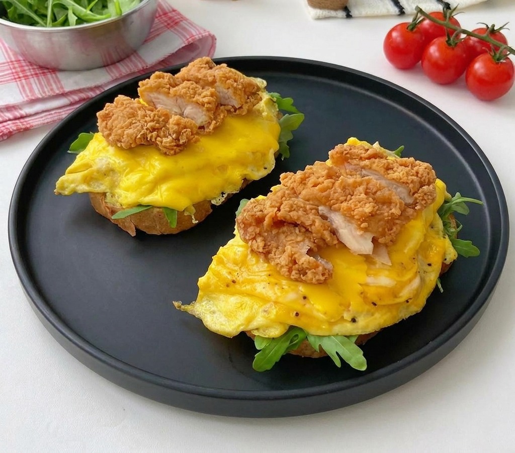 A close-up of two open-faced sandwiches on a black plate, featuring toasted bread, arugula, cheesy eggs, and a pile of crispy fried chicken chunks.