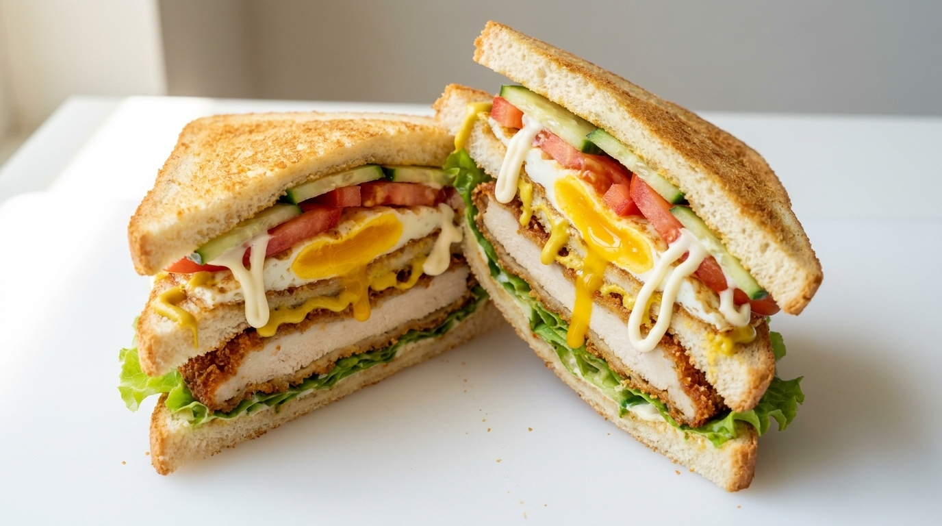 A gourmet triple-layer crispy chicken sandwich with fried egg, lettuce, tomato, and cucumber slices.