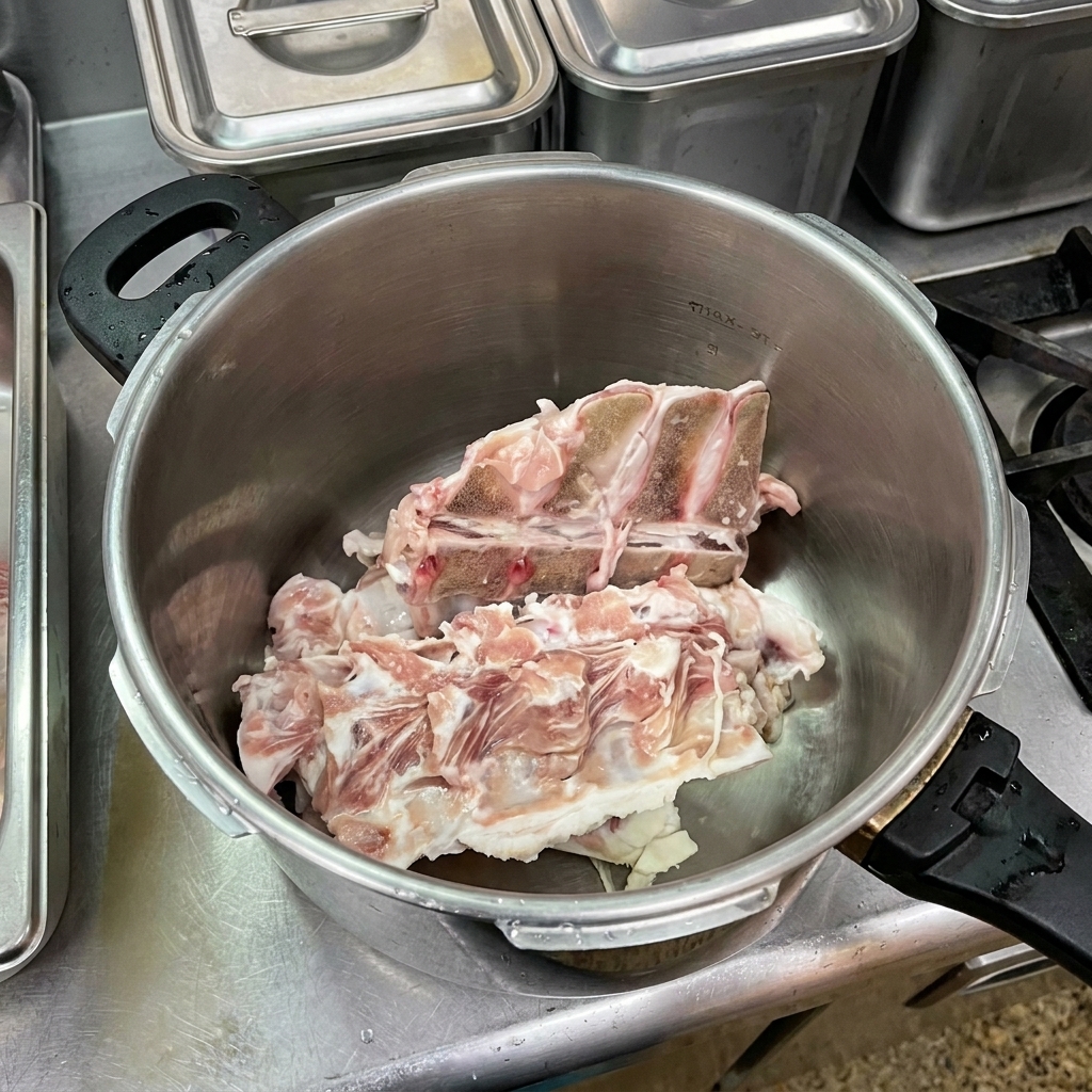 Raw pork bones sitting inside a large, empty stainless steel pressure cooker.