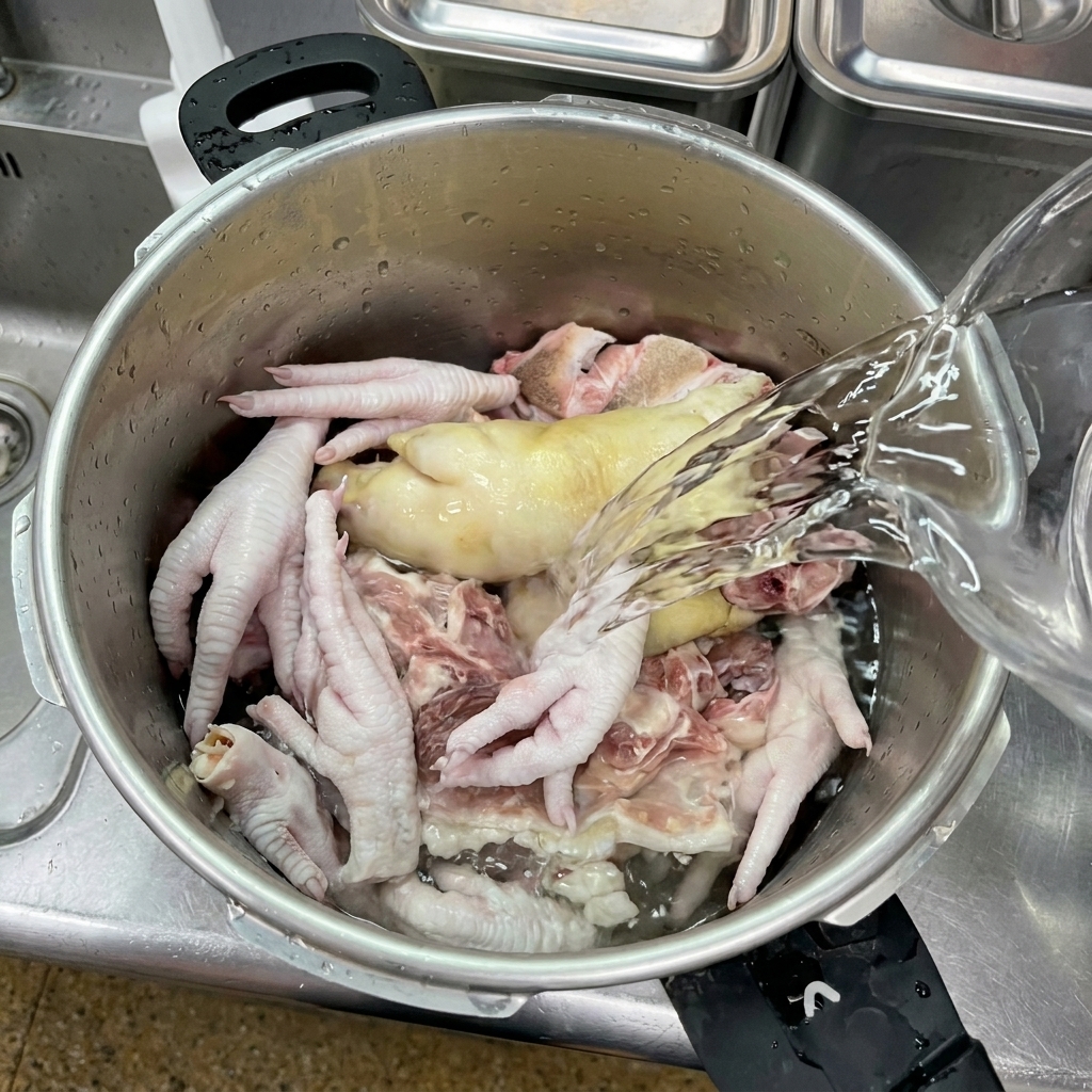 Clear water being poured from a pitcher over raw chicken feet, a pigs trotter, and pork bones in a stainless steel pot.