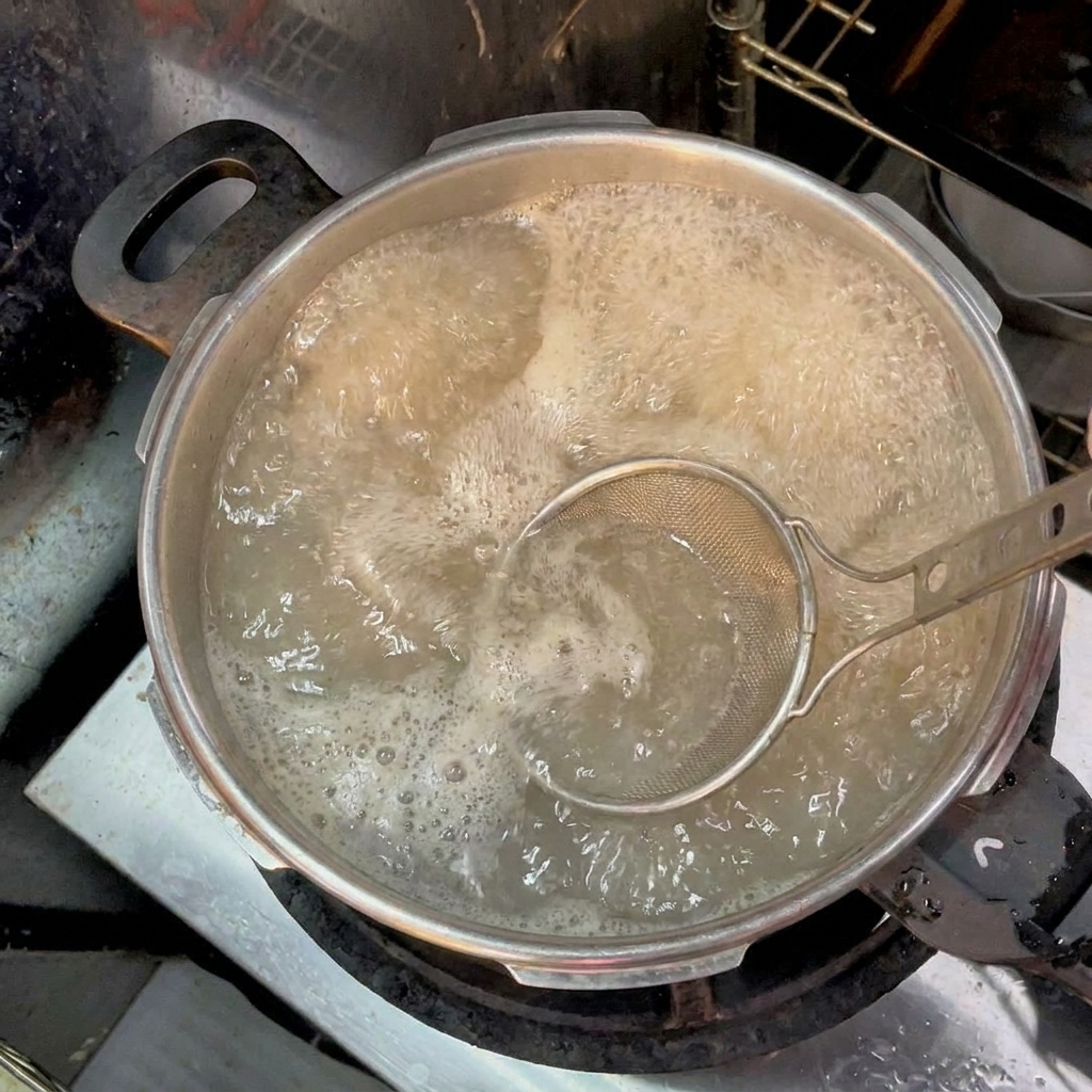 A mesh strainer skimming brownish foam and floating impurities off the surface of vigorously boiling water.