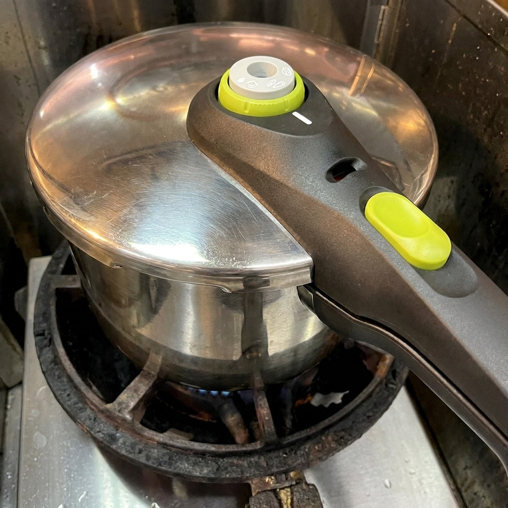 A sealed stainless steel pressure cooker sitting on a gas burner over a flame.