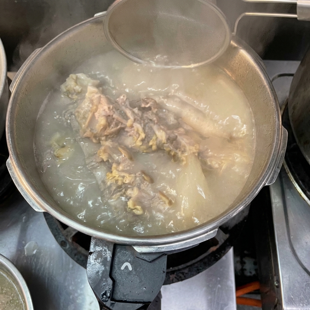 Looking down into an open pressure cooker filled with bubbling pale broth and softened bones, with a skimmer partially visible.
