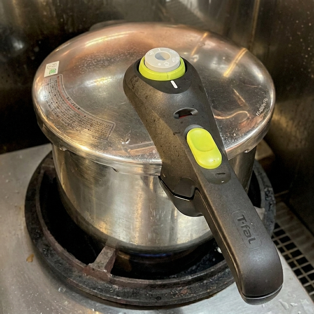 A stainless steel pressure cooker with its lid securely locked, sitting on a gas stove burner.