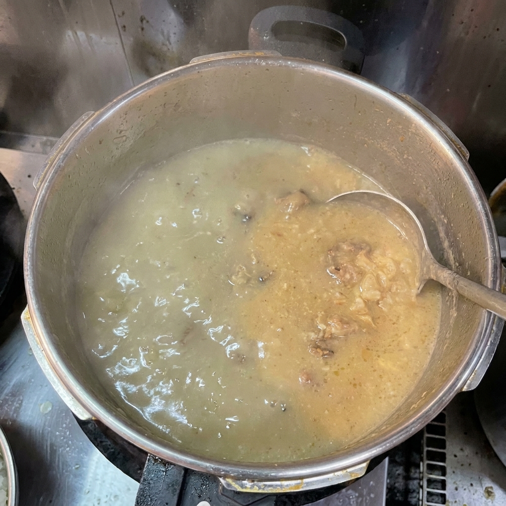 Thick, creamy, and opaque pork bone broth vigorously boiling in a large metal pot, being stirred with a metal ladle.