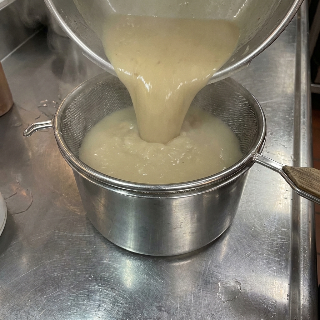 Thick, pale Tonkotsu broth being poured from a large pot through a fine mesh sieve into a stainless steel bowl.