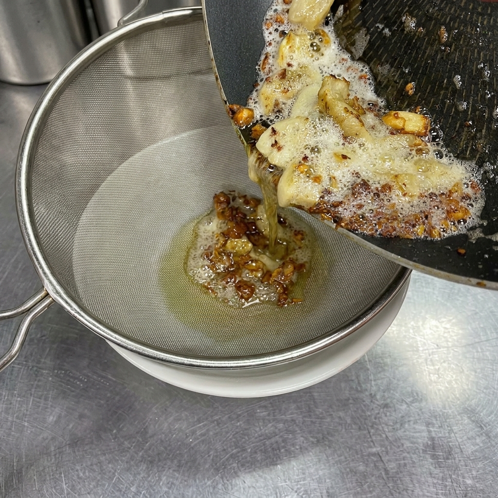 Hot golden oil and fried garlic bits being poured from a pan through a metal strainer into a bowl.