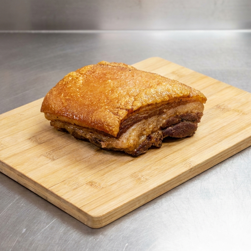 A large block of cooked, braised pork belly resting on a wooden cutting board.