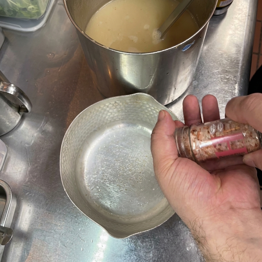 A hand using a grinder to add pink salt into a small metal pot next to a large pot of broth.