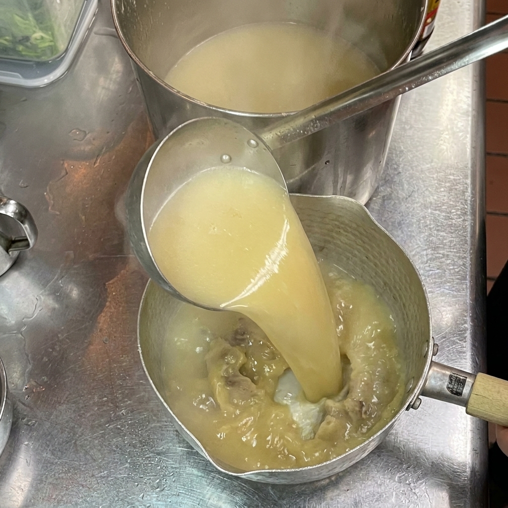 Hot, creamy tonkotsu pork broth being ladled from a large pot into a smaller metal pot over seasonings.