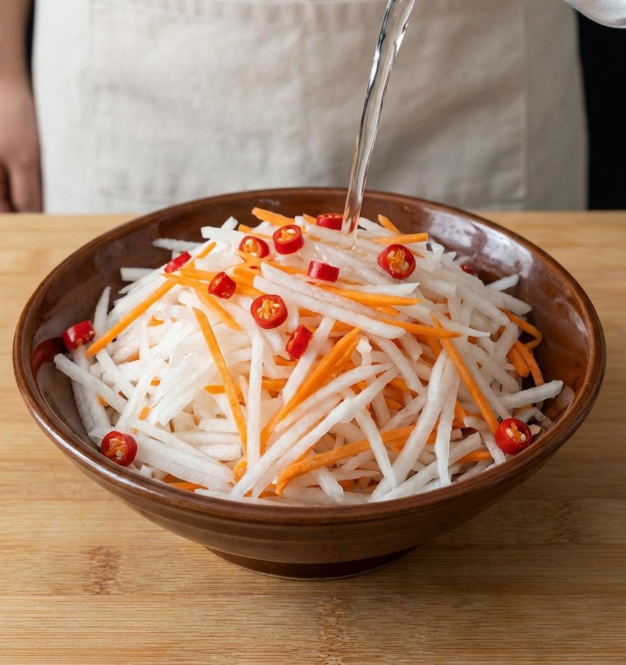 Clear liquid being poured from a glass pitcher into a bowl of shredded carrots, radishes, and chilies.